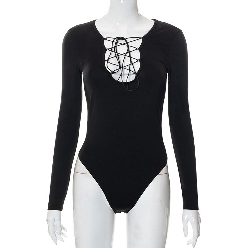 Trendy women's bodysuit with lacing & deep V-neck - Aveline-S-The Livary
