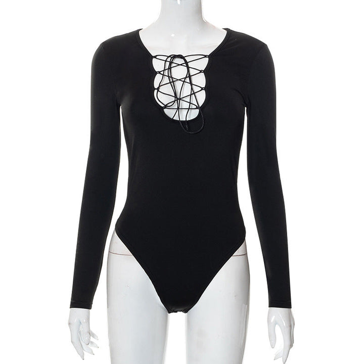 Trendy women's bodysuit with lacing & deep V-neck - Aveline-S-The Livary