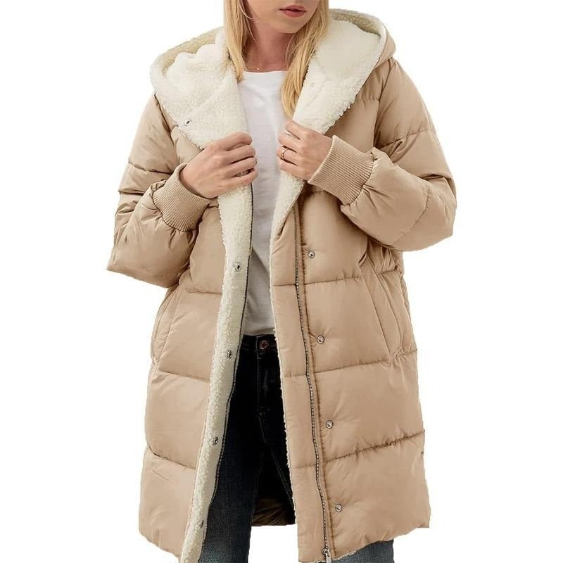 Reversible Cotton Women's Winter Coat with Hood - Nina-Khaki-S-The Livary
