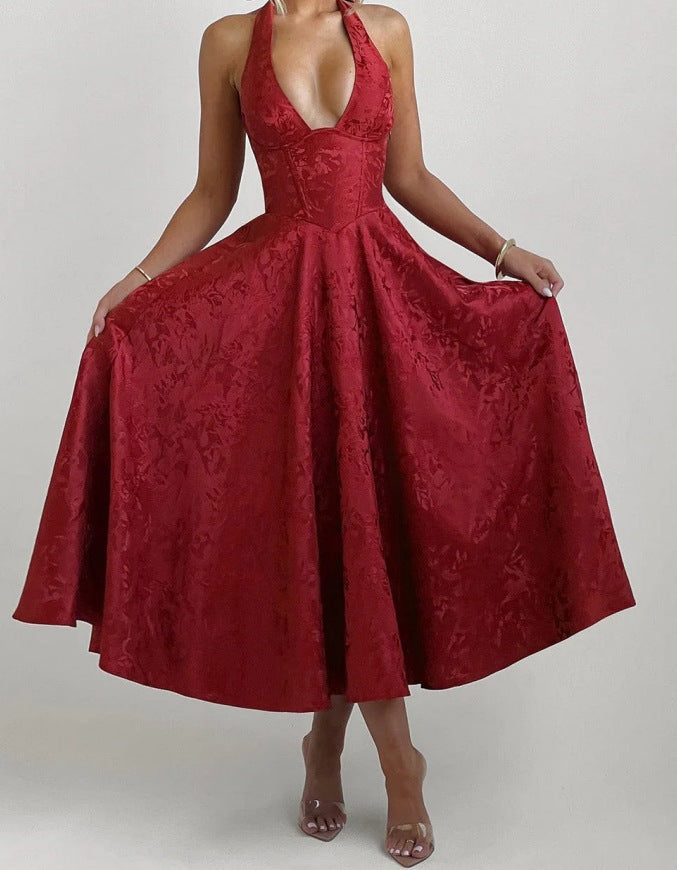 Stylish Women's A-Line Cocktail Dress with Deep V-Neck – Liora-Red-L-The Livary