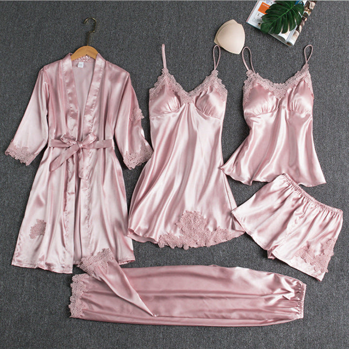 5-Piece Satin Sleep Set with Lace for Women – Liora-Pink-M-The Livary
