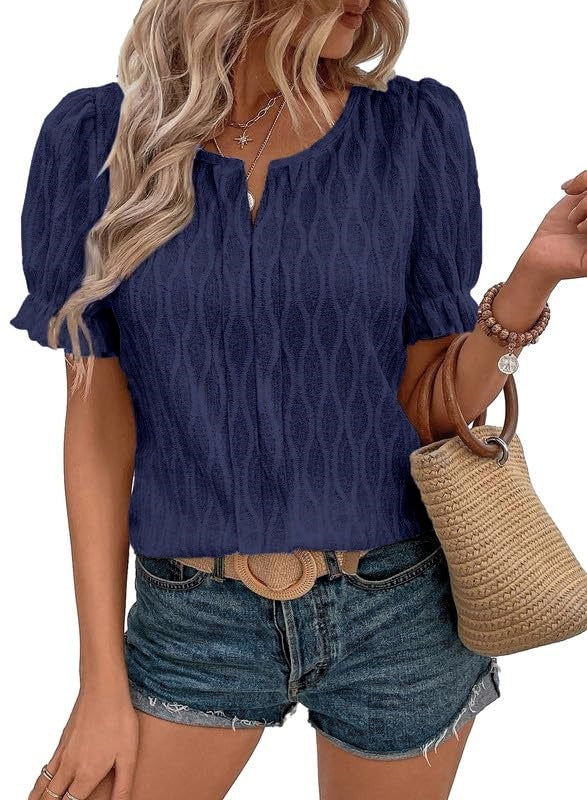 Airy & Stylish Women's Puff Sleeve Blouse with Lace Accent – Noemi-Navy blue-S-The Livary