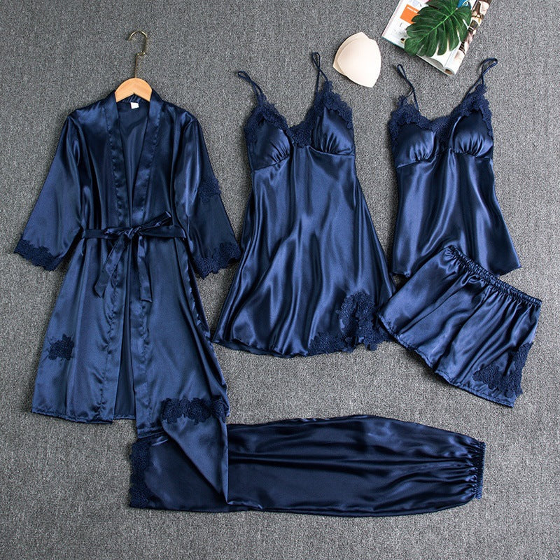 5-Piece Satin Sleep Set with Lace for Women – Liora-Dark blue-M-The Livary