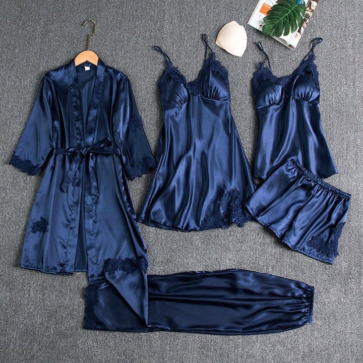 5-Piece Satin Sleep Set with Lace for Women – Liora-Dark blue-M-The Livary