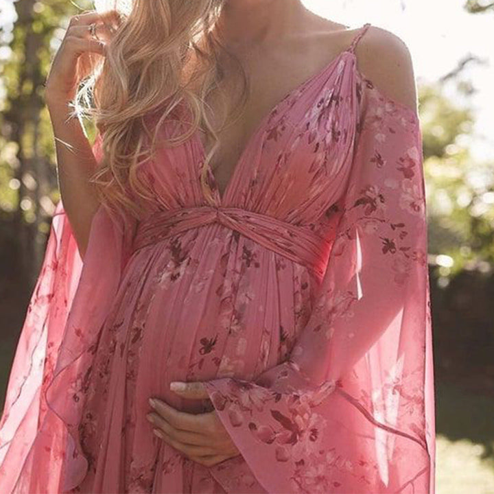 Swinging Pink Chiffon Dress with Flared Sleeves - Isabelle-S-The Livary