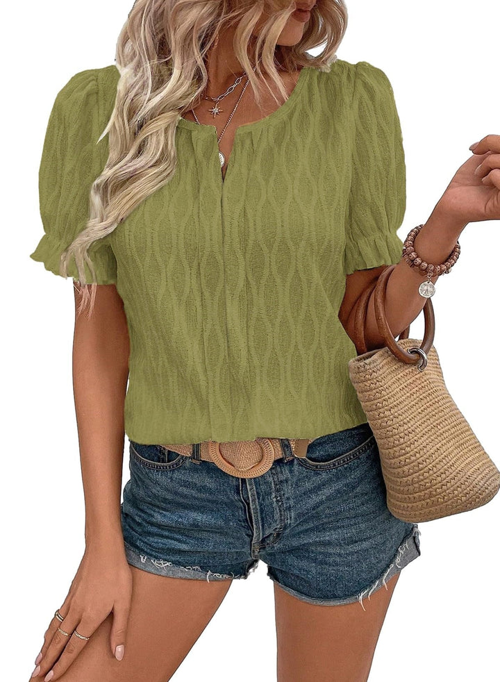 Airy & Stylish Women's Puff Sleeve Blouse with Lace Accent – Noemi-Olive green-S-The Livary
