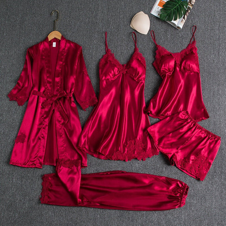 5-Piece Satin Sleep Set with Lace for Women – Liora-Red-M-The Livary