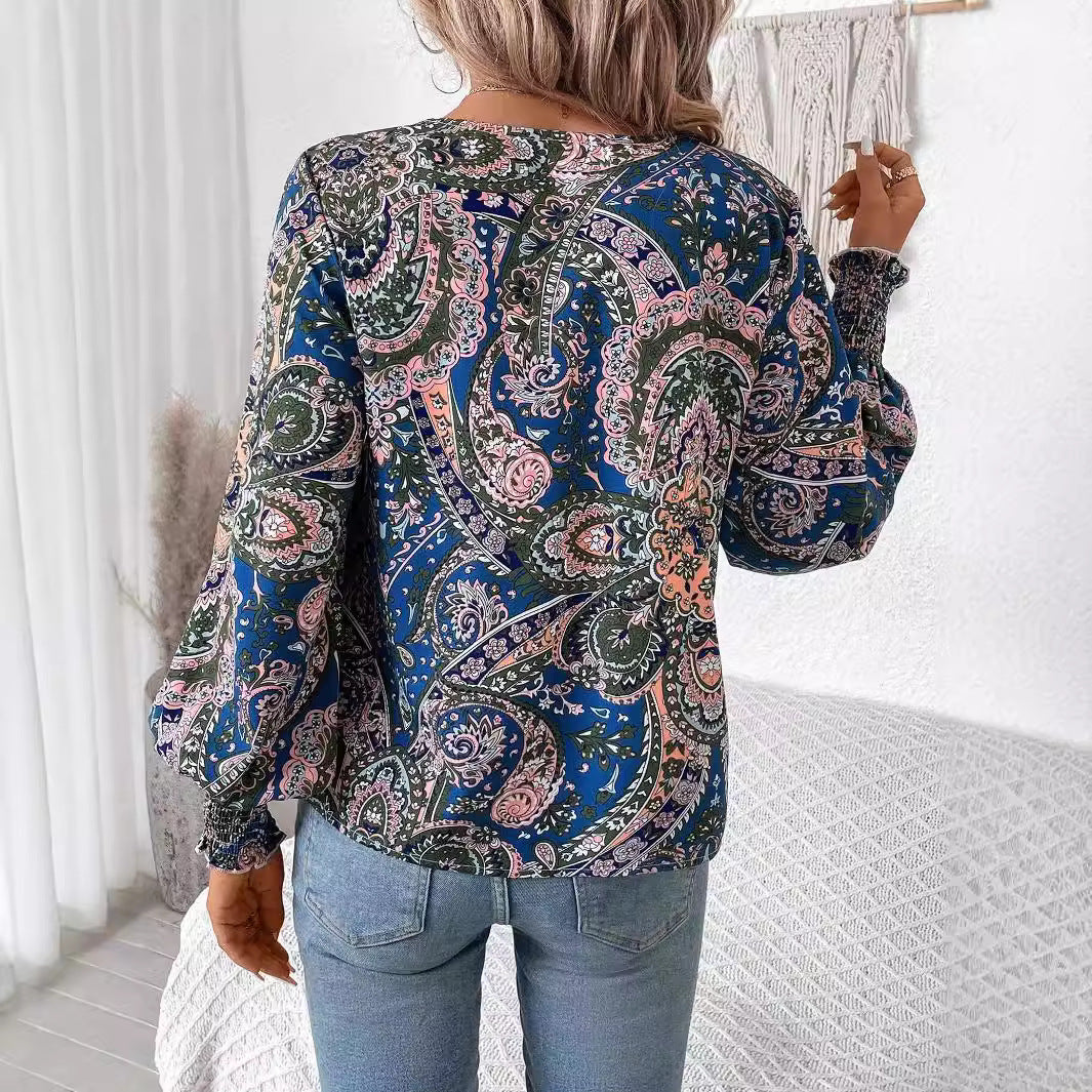 Flower print women's blouse with V-neck & lantern sleeves – Malina-S-The Livary