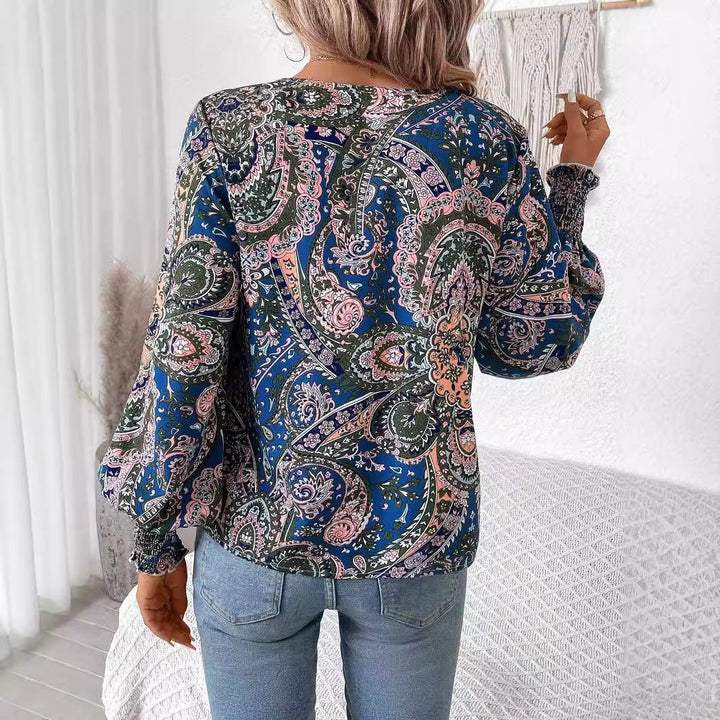 Flower print women's blouse with V-neck & lantern sleeves – Malina-S-The Livary