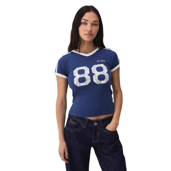 Trendy women's T-shirt with lace detail & contrast sleeves – Yelina-S-The Livary