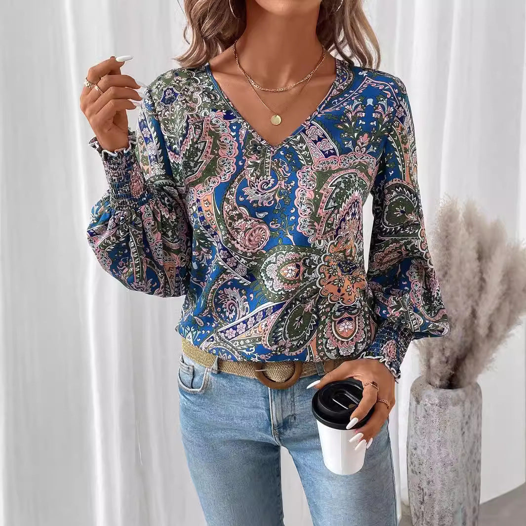 Flower print women's blouse with V-neck & lantern sleeves – Malina-S-The Livary