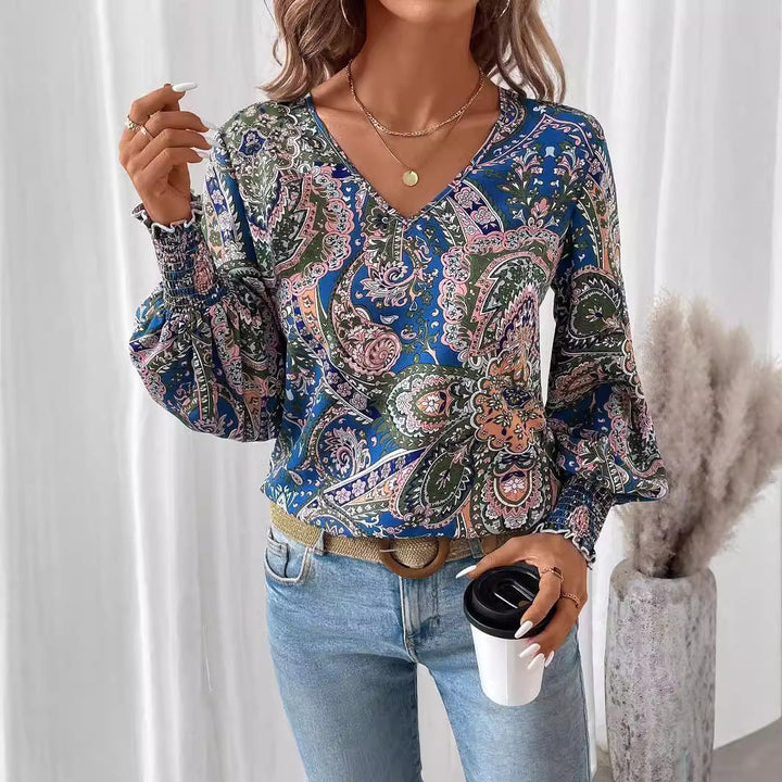 Flower print women's blouse with V-neck & lantern sleeves – Malina-S-The Livary