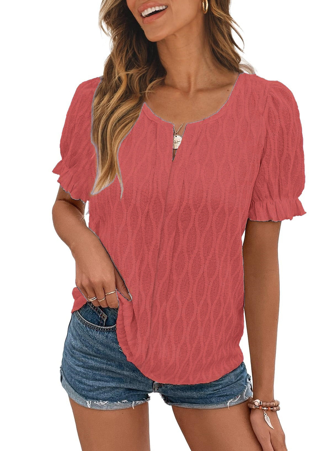 Airy & Stylish Women's Puff Sleeve Blouse with Lace Accent – Noemi-Red-S-The Livary