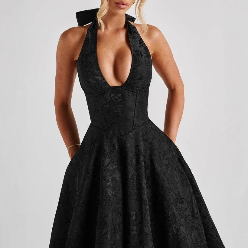 Stylish Women's A-Line Cocktail Dress with Deep V-Neck – Liora-Black-M-The Livary