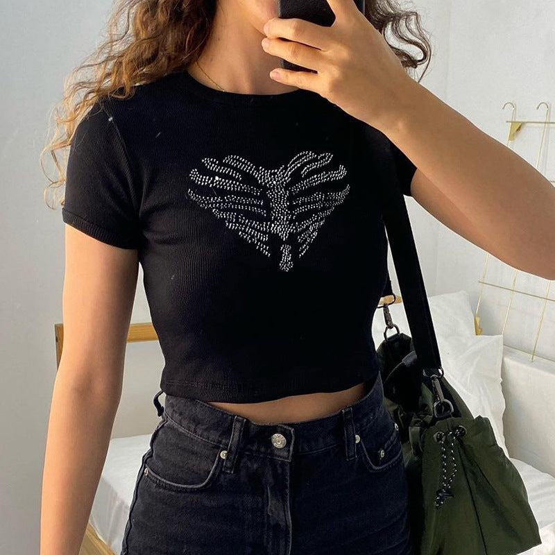 Trendy women's crop top with rhinestone skeleton pattern – Yara-S-The Livary