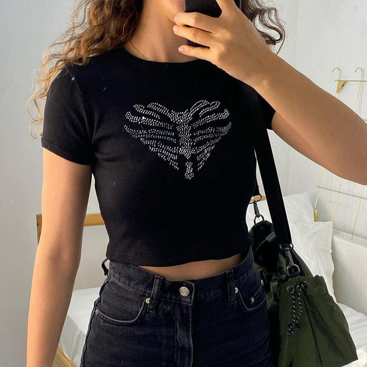 Trendy women's crop top with rhinestone skeleton pattern – Yara-S-The Livary