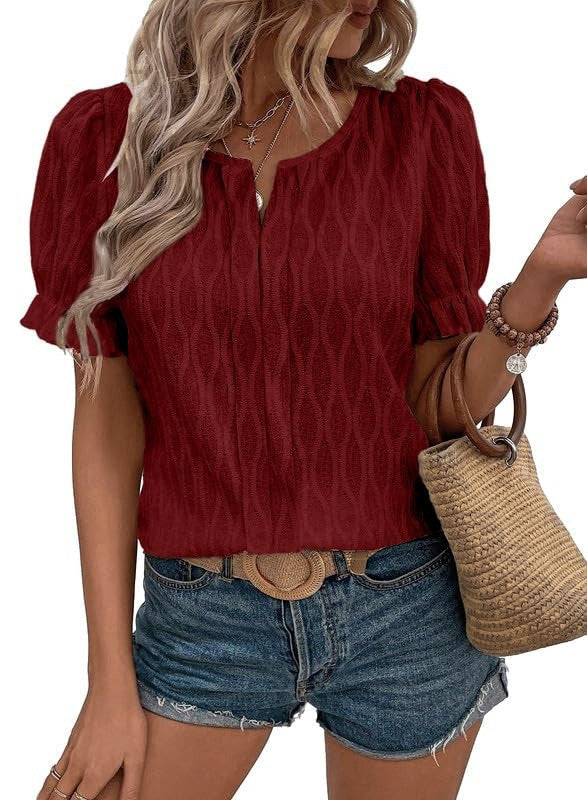 Airy & Stylish Women's Puff Sleeve Blouse with Lace Accent – Noemi-Burgundian-S-The Livary