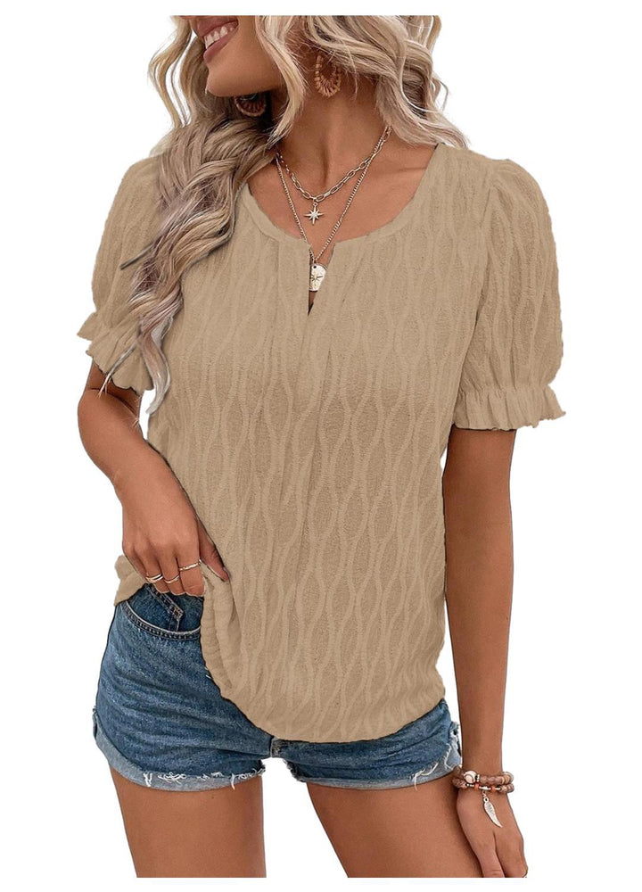 Airy & Stylish Women's Puff Sleeve Blouse with Lace Accent – Noemi-Khaki-S-The Livary
