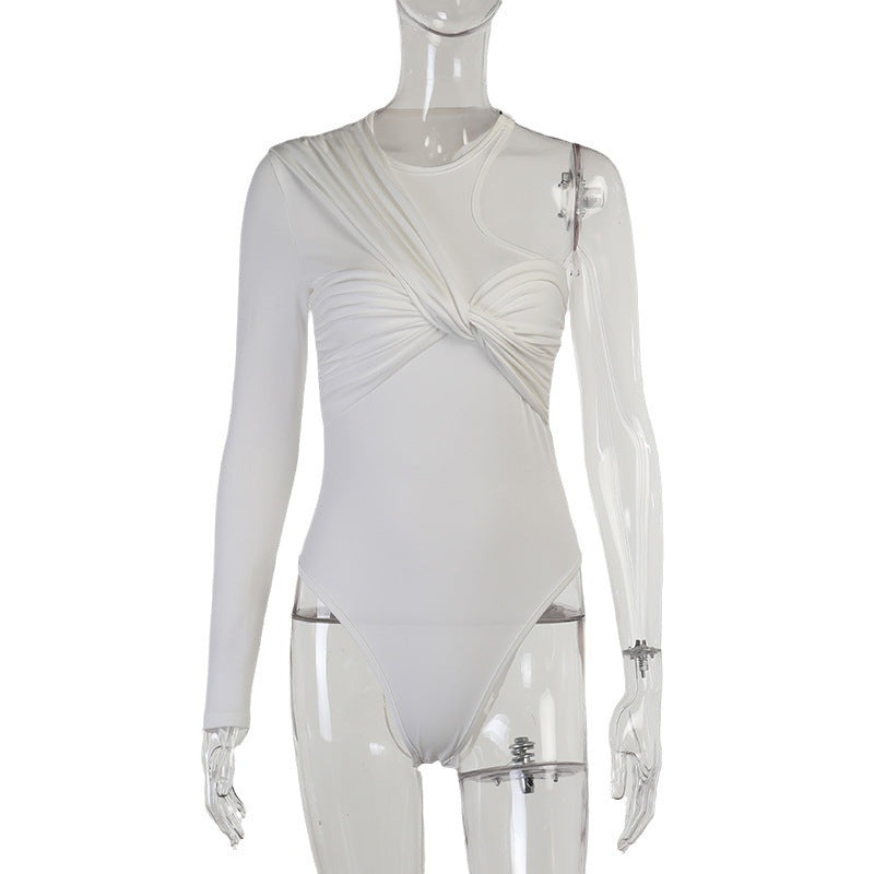 Stylish women's long-sleeve bodysuit with drape effect & figure-hugging cut – Mira-White-M-The Livary