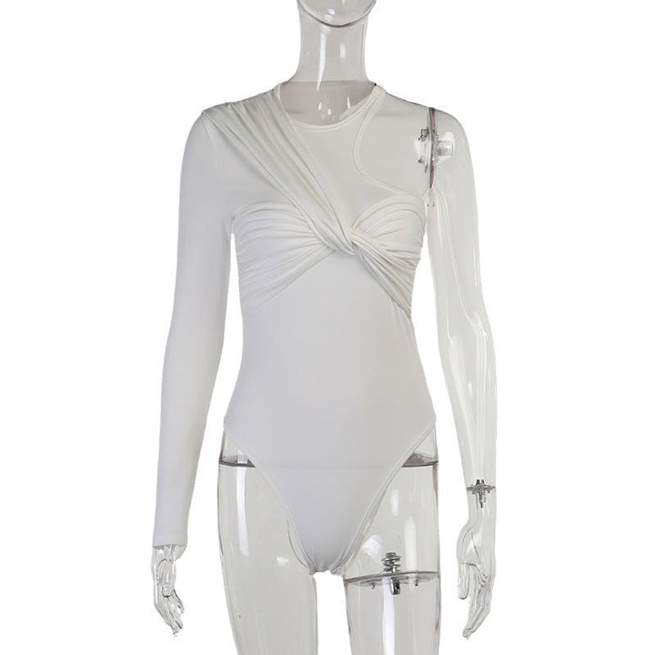 Stylish women's long-sleeve bodysuit with drape effect & figure-hugging cut – Mira-White-M-The Livary