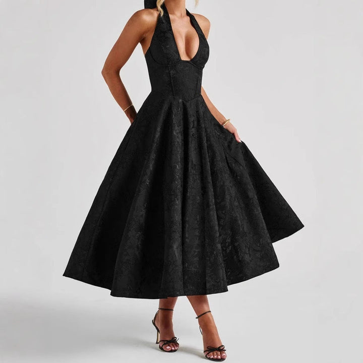 Stylish Women's A-Line Cocktail Dress with Deep V-Neck – Liora-Black-M-The Livary