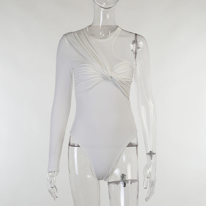 Stylish women's long-sleeve bodysuit with drape effect & figure-hugging cut – Mira-White-M-The Livary