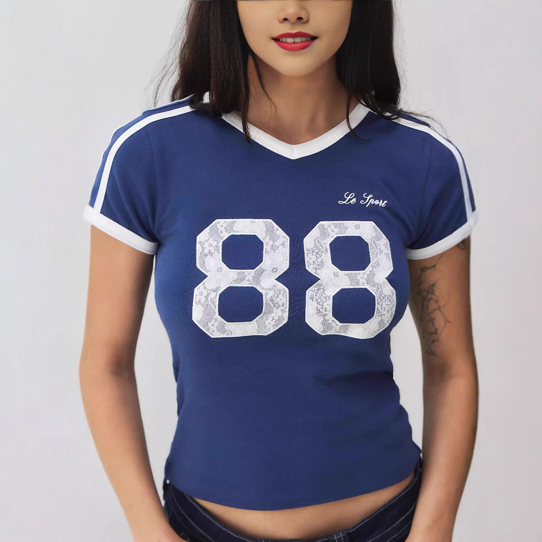 Trendy women's T-shirt with lace detail & contrast sleeves – Yelina-S-The Livary