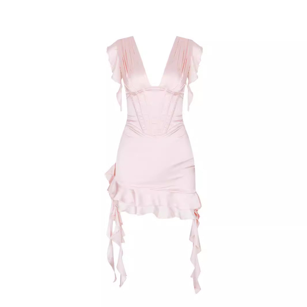 Asymmetrical ruffled dress with V-neckline & figure enhancement – Elira-Pink-L-The Livary