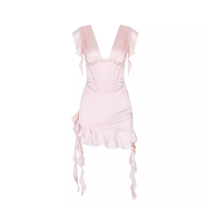 Asymmetrical ruffled dress with V-neckline & figure enhancement – Elira-Pink-L-The Livary