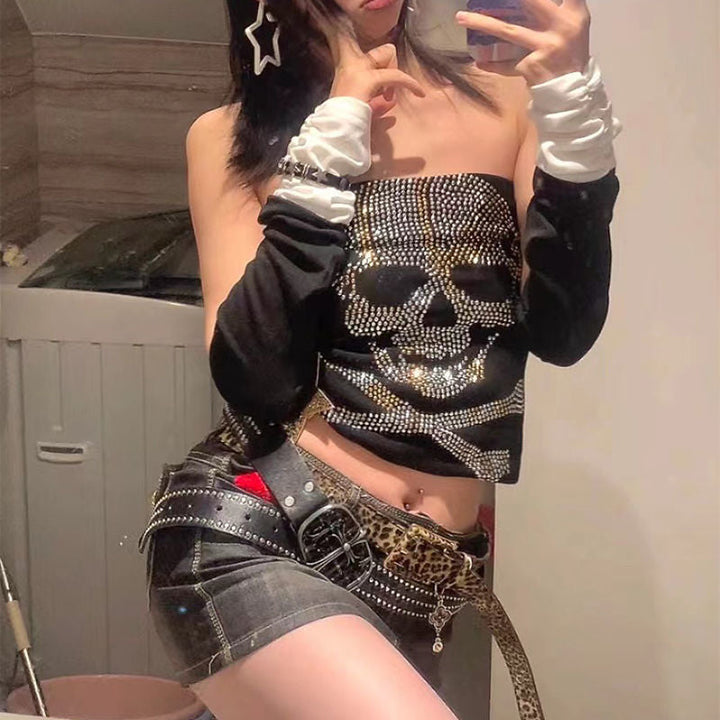 Black women's top with rhinestone skeleton design – Liora-S-The Livary