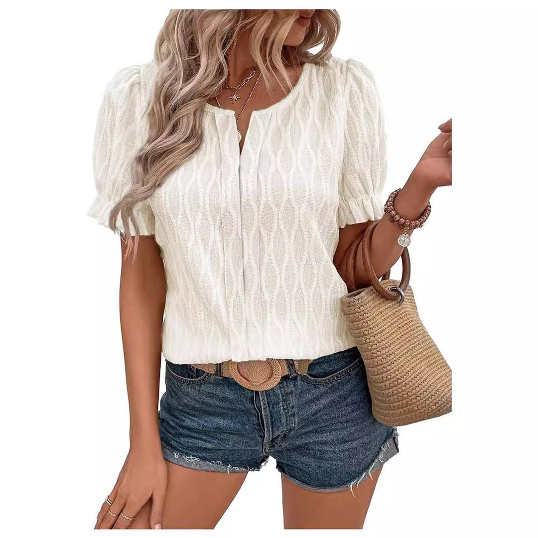 Airy & Stylish Women's Puff Sleeve Blouse with Lace Accent – Noemi-Sky blue-S-The Livary