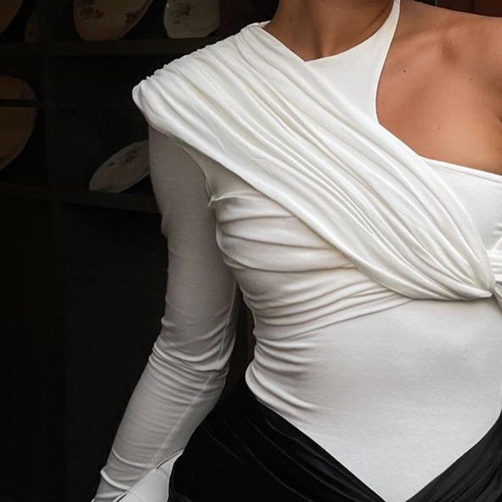 Stylish women's long-sleeve bodysuit with drape effect & figure-hugging cut – Mira-White-M-The Livary