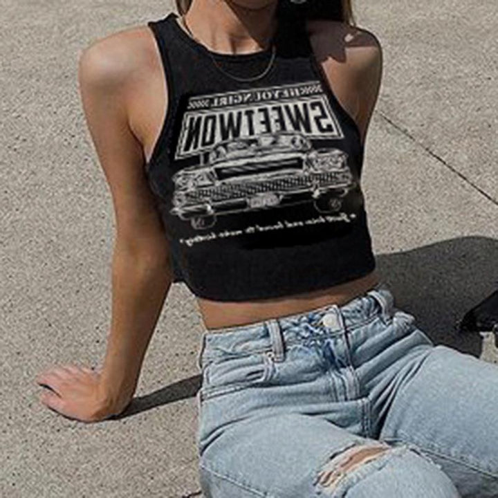 Trendy women's crop top with car print and round neckline – Maila-S-The Livary