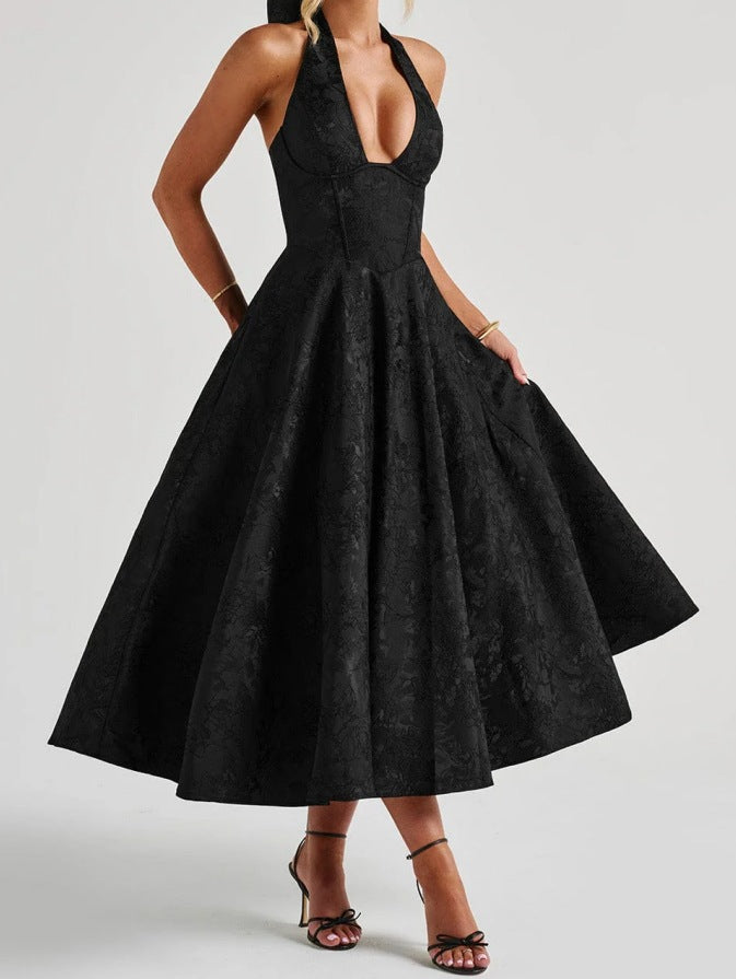 Stylish Women's A-Line Cocktail Dress with Deep V-Neck – Liora-Black-M-The Livary