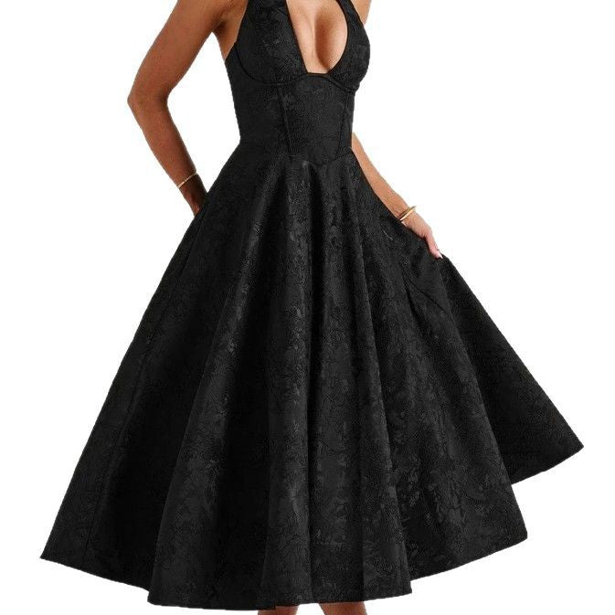 Stylish Women's A-Line Cocktail Dress with Deep V-Neck – Liora-Black-M-The Livary