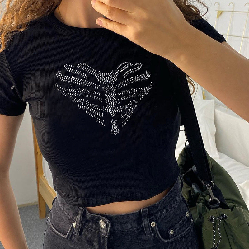 Trendy women's crop top with rhinestone skeleton pattern – Yara-S-The Livary
