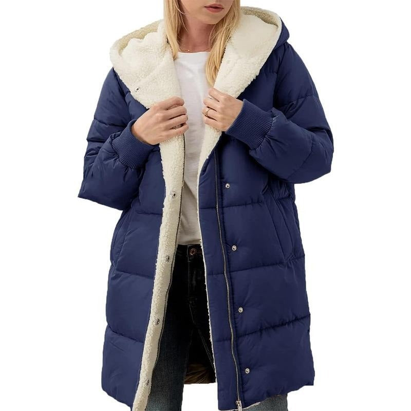 Reversible Cotton Women's Winter Coat with Hood - Nina-Dark blue-S-The Livary