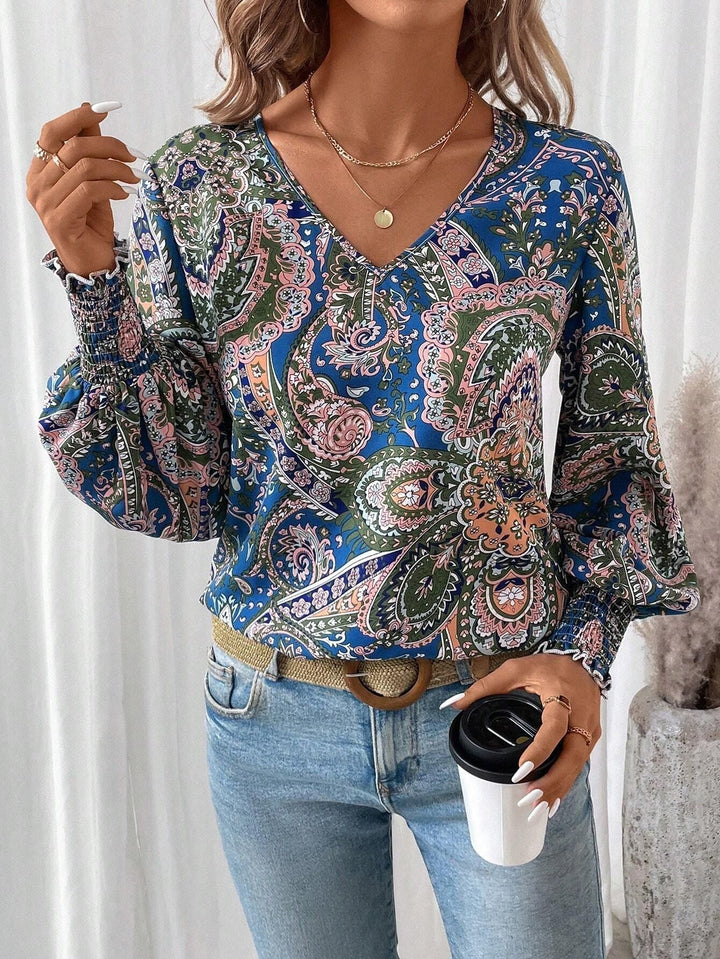 Flower print women's blouse with V-neck & lantern sleeves – Malina-S-The Livary