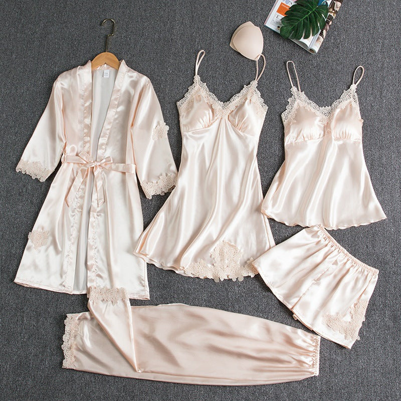 5-Piece Satin Sleep Set with Lace for Women – Liora-White-M-The Livary