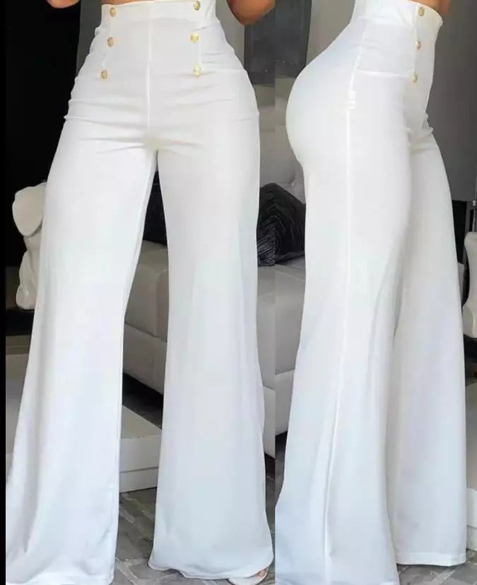 High Waist Trousers with Side Buttons - Fiora-White-S-The Livary
