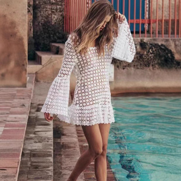 Backless summer mini dress with flared sleeves – Maja-White-S-The Livary