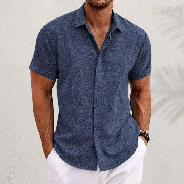 Airy men's linen shirt with short sleeves – Matteo-Dark blue-S-The Livary