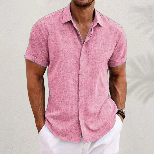 Airy men's linen shirt with short sleeves – Matteo-Pink-S-The Livary