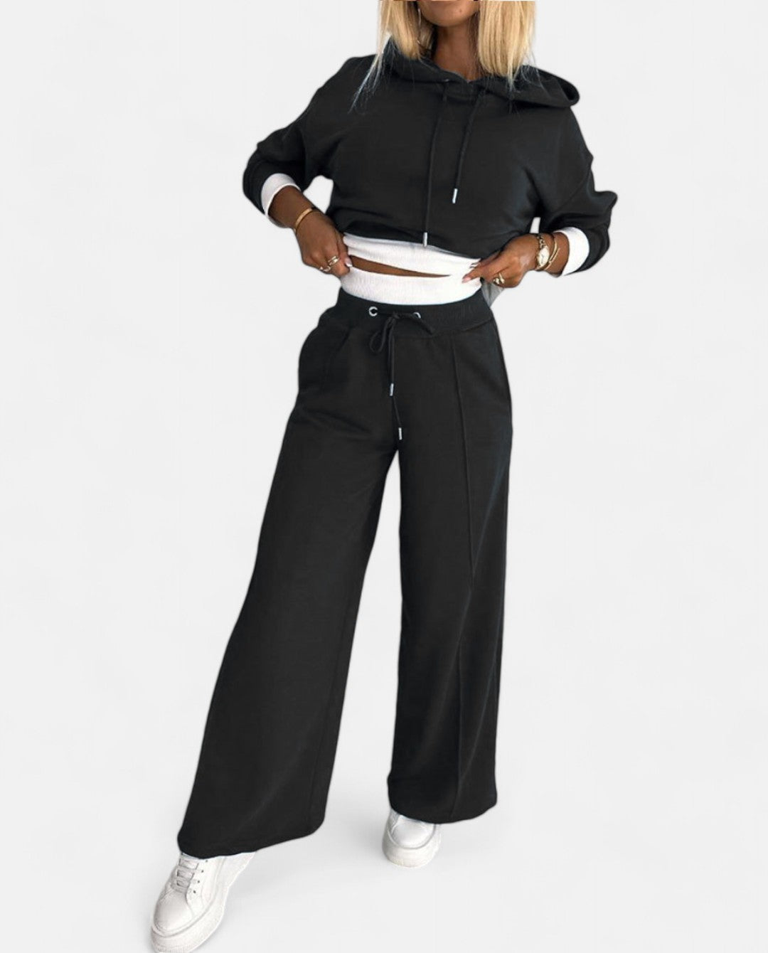 Two-Tone Hoodie Set with Wide Legs - Isabelle-Black-S-The Livary
