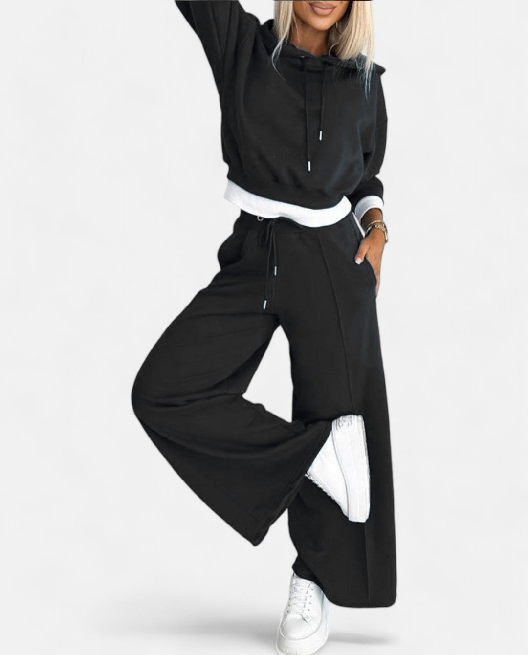 Two-Tone Hoodie Set with Wide Legs - Isabelle-Black-S-The Livary