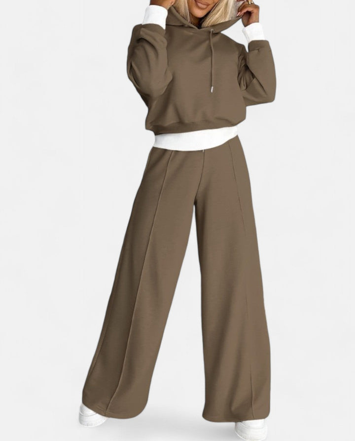 Two-Tone Hoodie Set with Wide Legs - Isabelle-Brown-S-The Livary