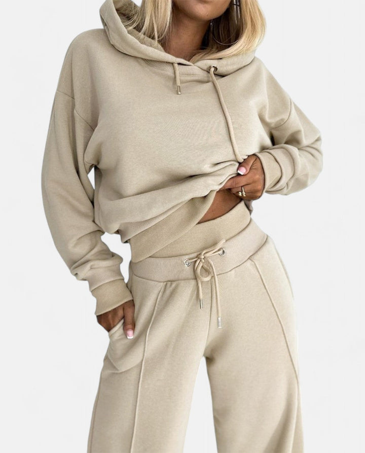 Two-Tone Hoodie Set with Wide Legs - Isabelle-Beige-S-The Livary
