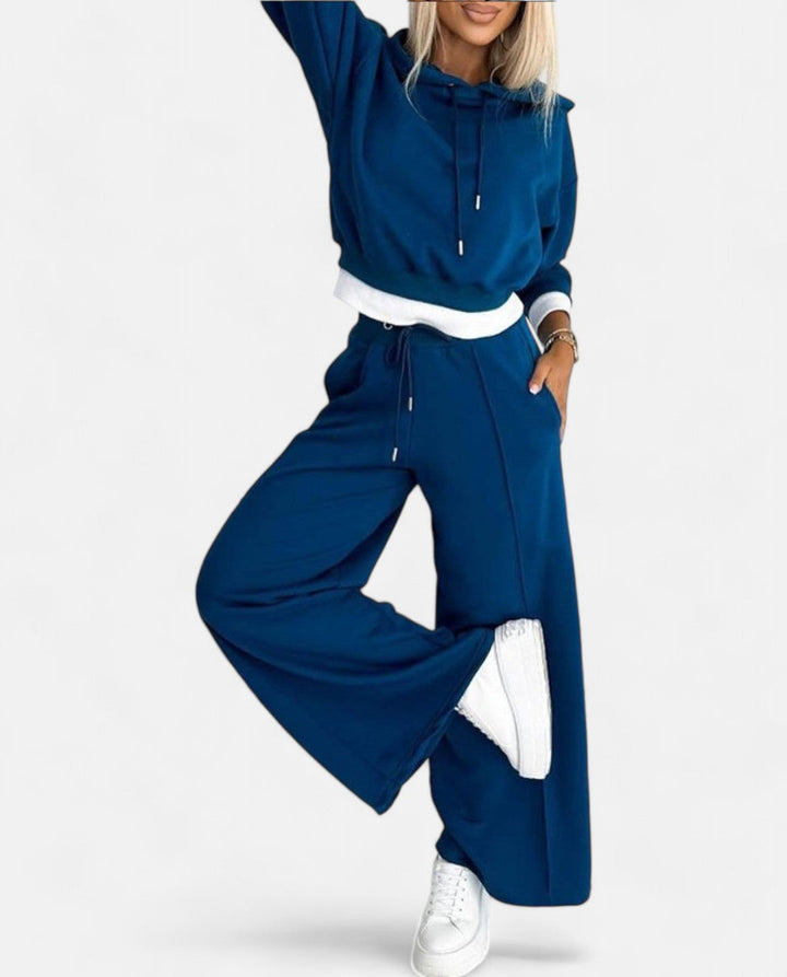 Two-Tone Hoodie Set with Wide Legs - Isabelle-Black-S-The Livary