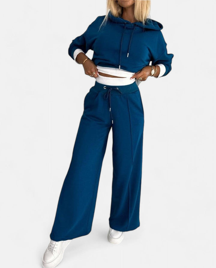 Two-Tone Hoodie Set with Wide Legs - Isabelle-Blue-S-The Livary