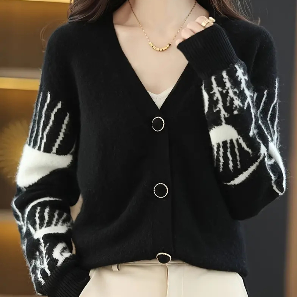 Warm V-neck Cardigan for Women - Elin-Black-The Livary